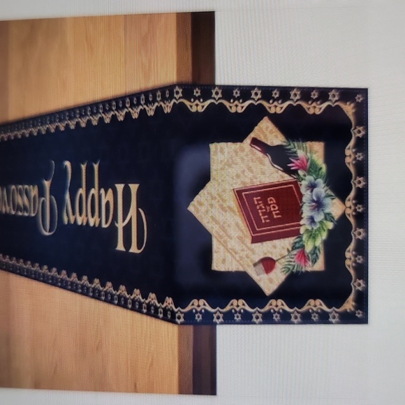 Happy Passover Table Runner Matzoh Wine  Holiday Symbols Blue Gold 14"x 72" NEW - Picture 2 of 12